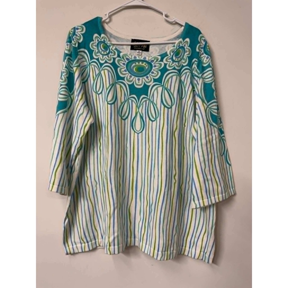 New Bob Mackie Wearable 1X Art Teal Floral Stripe Knit Top‎ 3/4 Sleeve Plus